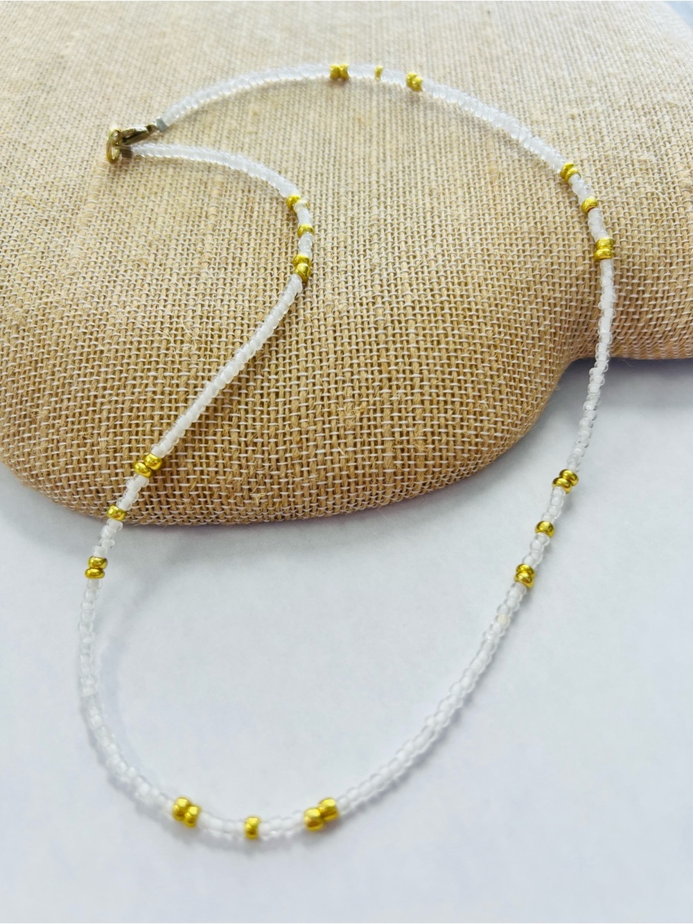 Hand Crafted White and Gold Minimalist Seed Bead Necklace